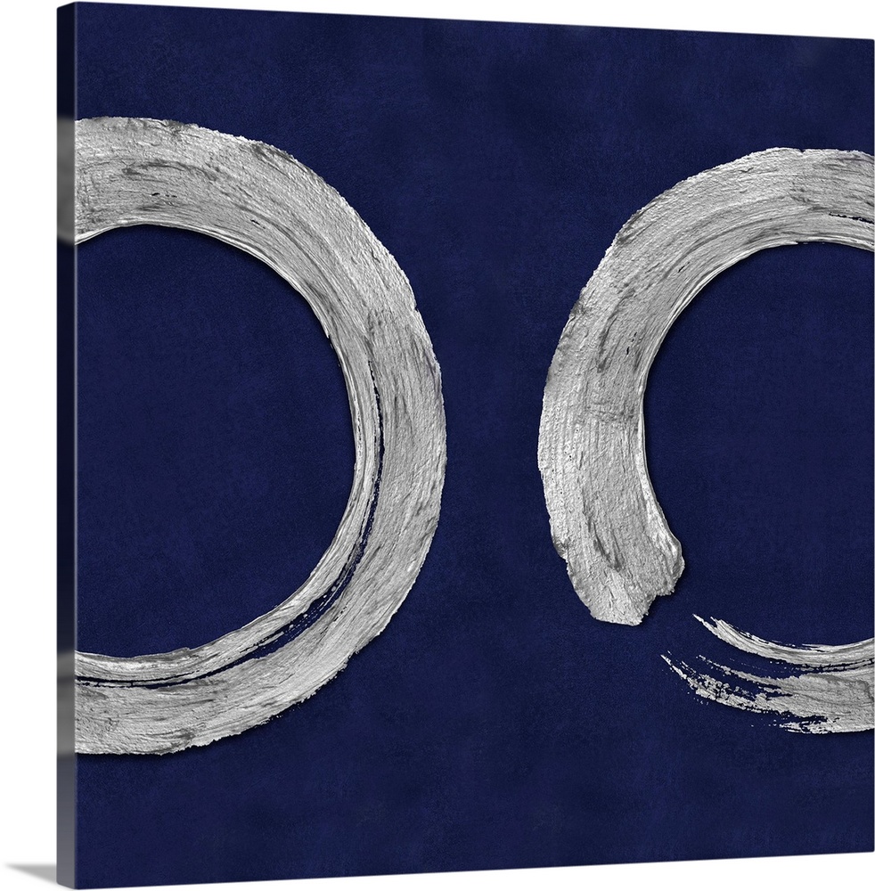 This Zen artwork features two sweeping circular brush strokes in silver over a mottled blue background.