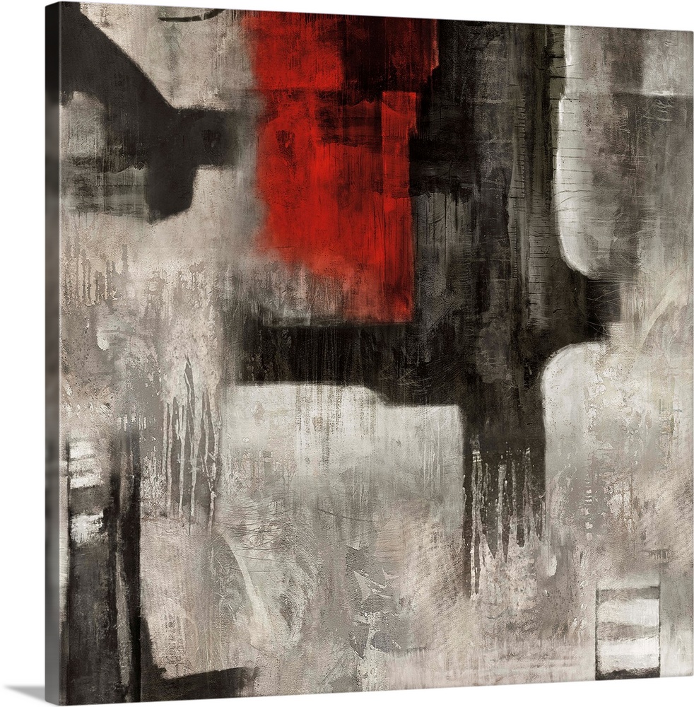 Square abstract painting with bold black and red brushstrokes on top of a white and gray background.