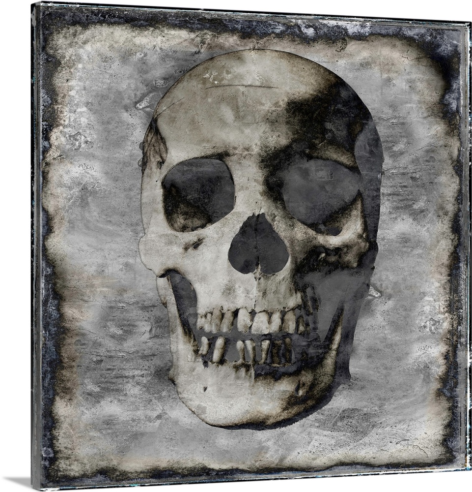 Square illustration of a skull with a weathered background in silver, white, gold, and black.