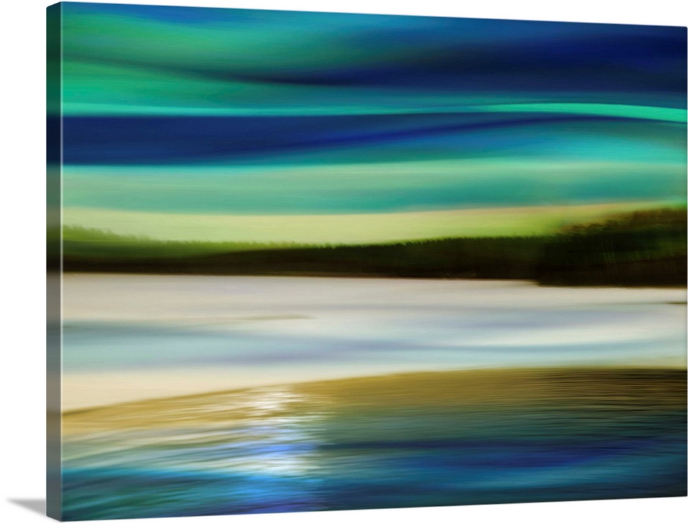 Large abstract art with wavy lines and what seems like a horizon line lined with trees in the center.
