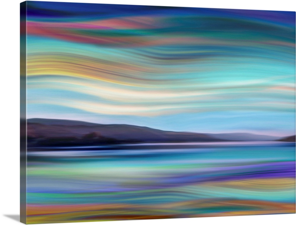 Large abstract art with a colorful and wavy landscape.