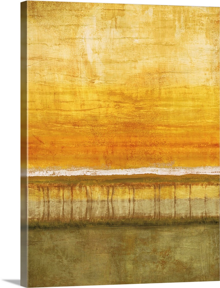 Abstract painting with a white horizon line and a yellow and orange sky with olive green below.