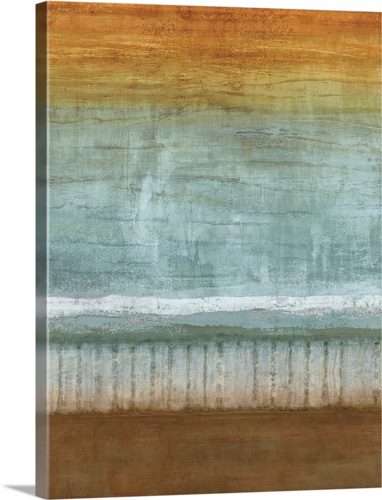 Abstract painting with a white horizon line and an orange and blue sky with brown below.