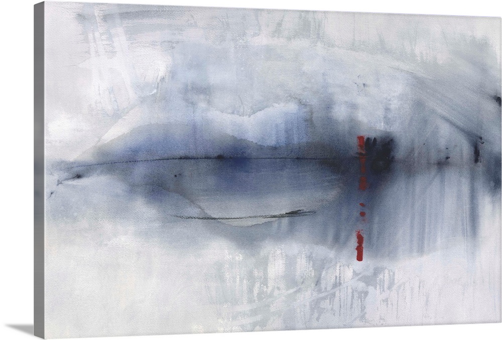 Large abstract painting with faded blues and gray with black and red lines.