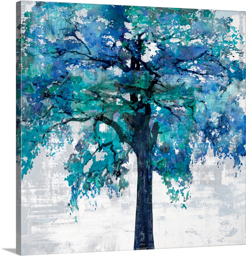 Square decor with a large tree created with shades of blue on a white and gray textured background.