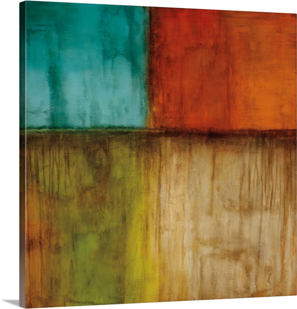 Square abstract painting split into three sections of color, blue, burnt orange, and tan with hints of yellow and green.