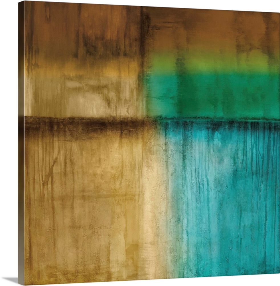 Square abstract painting in shades of brown, blue, and green.