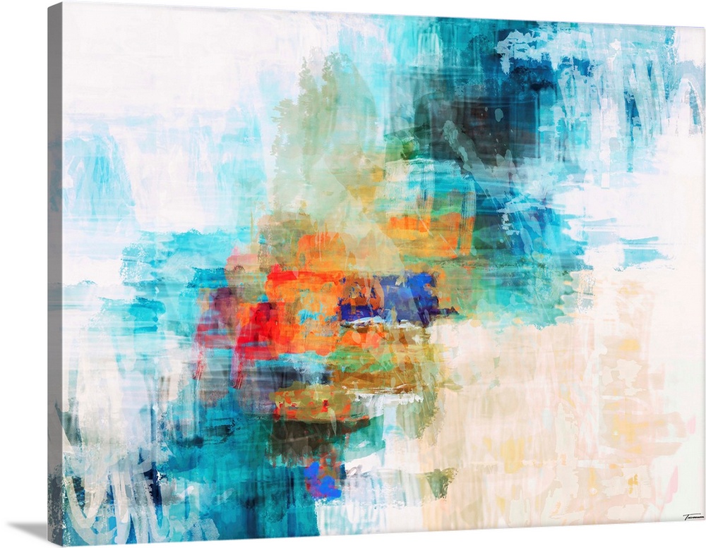 Abstract art made with shades of blue running diagonally up the canvas with bright hues of orange, red, green, and pule on...