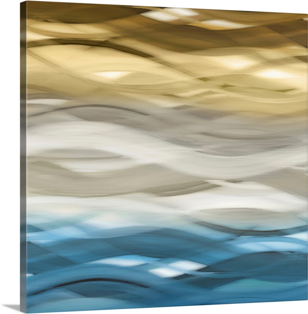 Square abstract art with blurred, wavy ribbons running horizontally along the canvas in shades of gold, white, gray, and b...