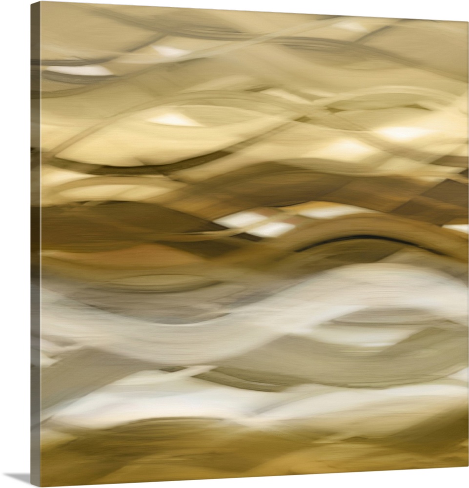 Square abstract art with blurred, wavy ribbons running horizontally along the canvas in shades of gold, white, and gray.