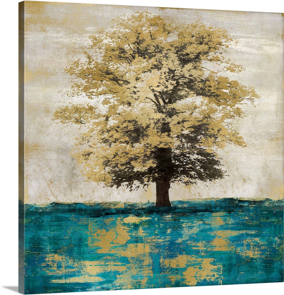 Single metallic gold oak tree isolated on a distressed gray and gold background with teal grass.