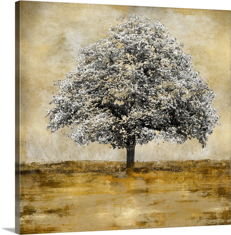 Single gray scaled oak tree with a little bit of gold isolated on a distressed gold and white background with gold and yel...