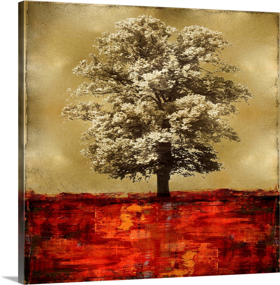 Single gray scaled oak tree with a little bit of gold isolated on a distressed golden background with red and yellow toned...