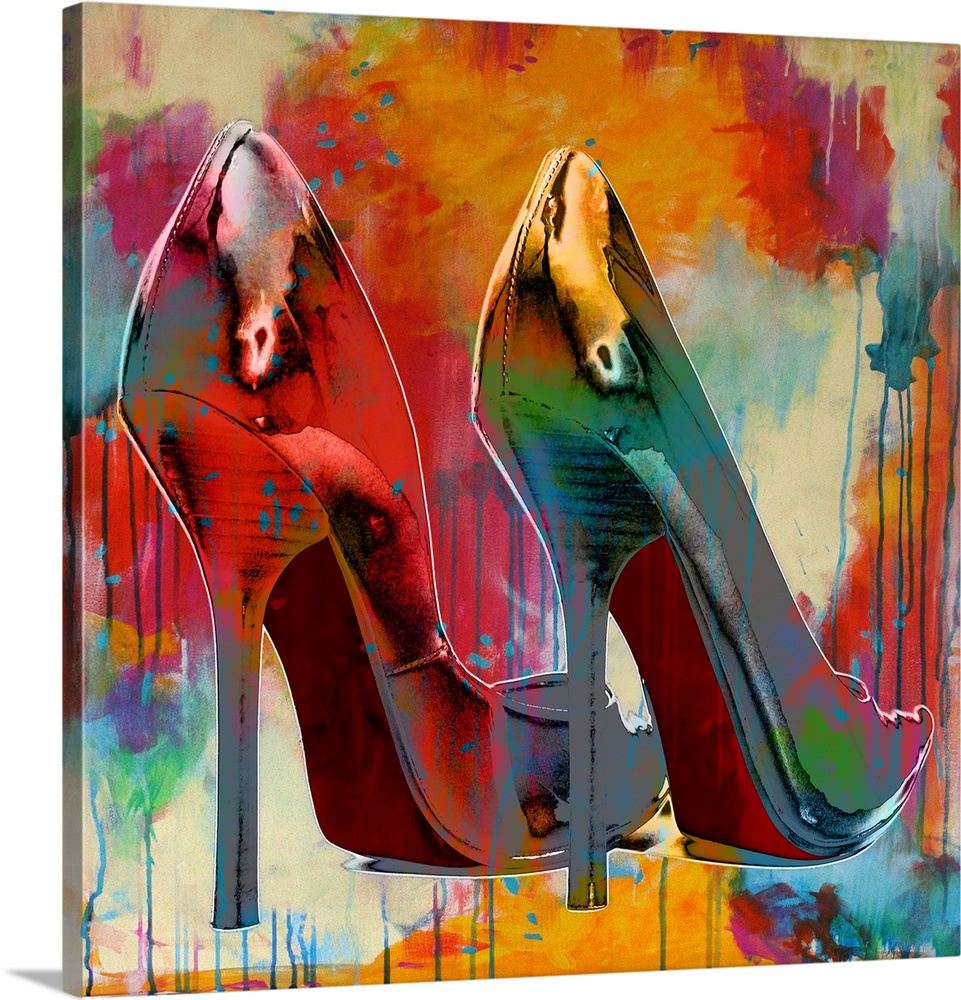 Square decor with an illustration of stilettos with colorful paint splatter all over.