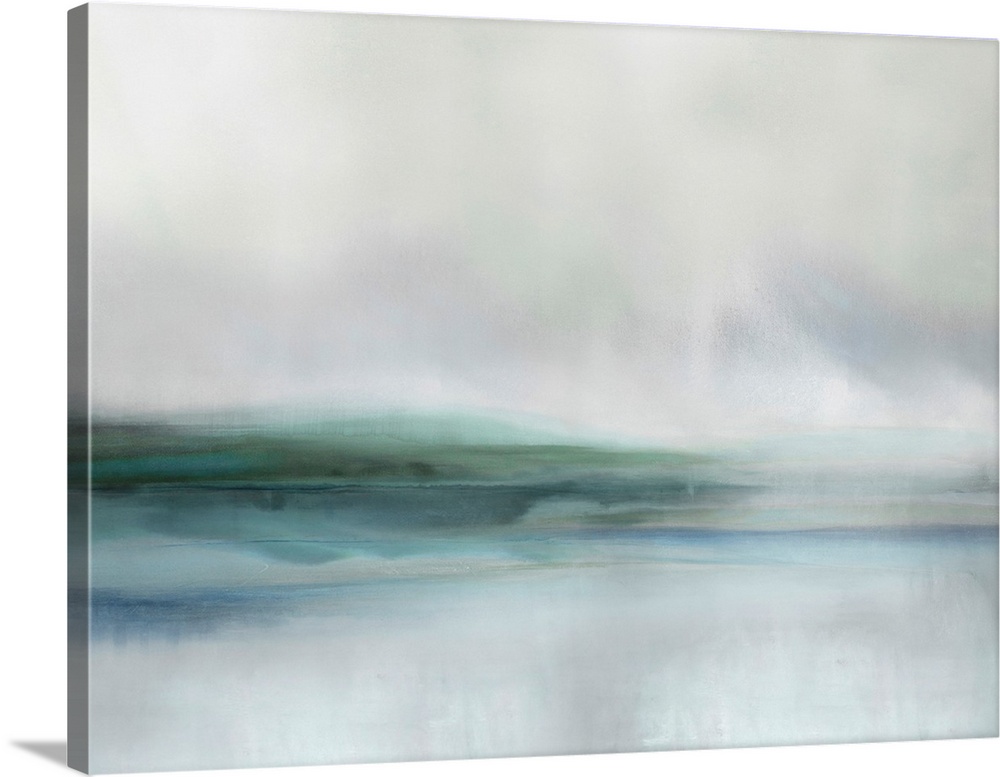 Abstract artwork of muted blue-green sections of color permeating over a distressed gray background.
