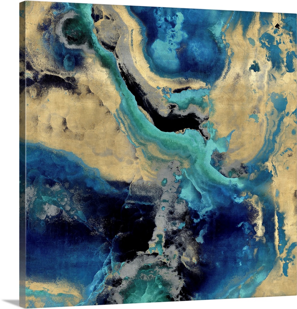 Contemporary artwork featuring a deluge of blues and gold colors that have been edited to a marble effect.