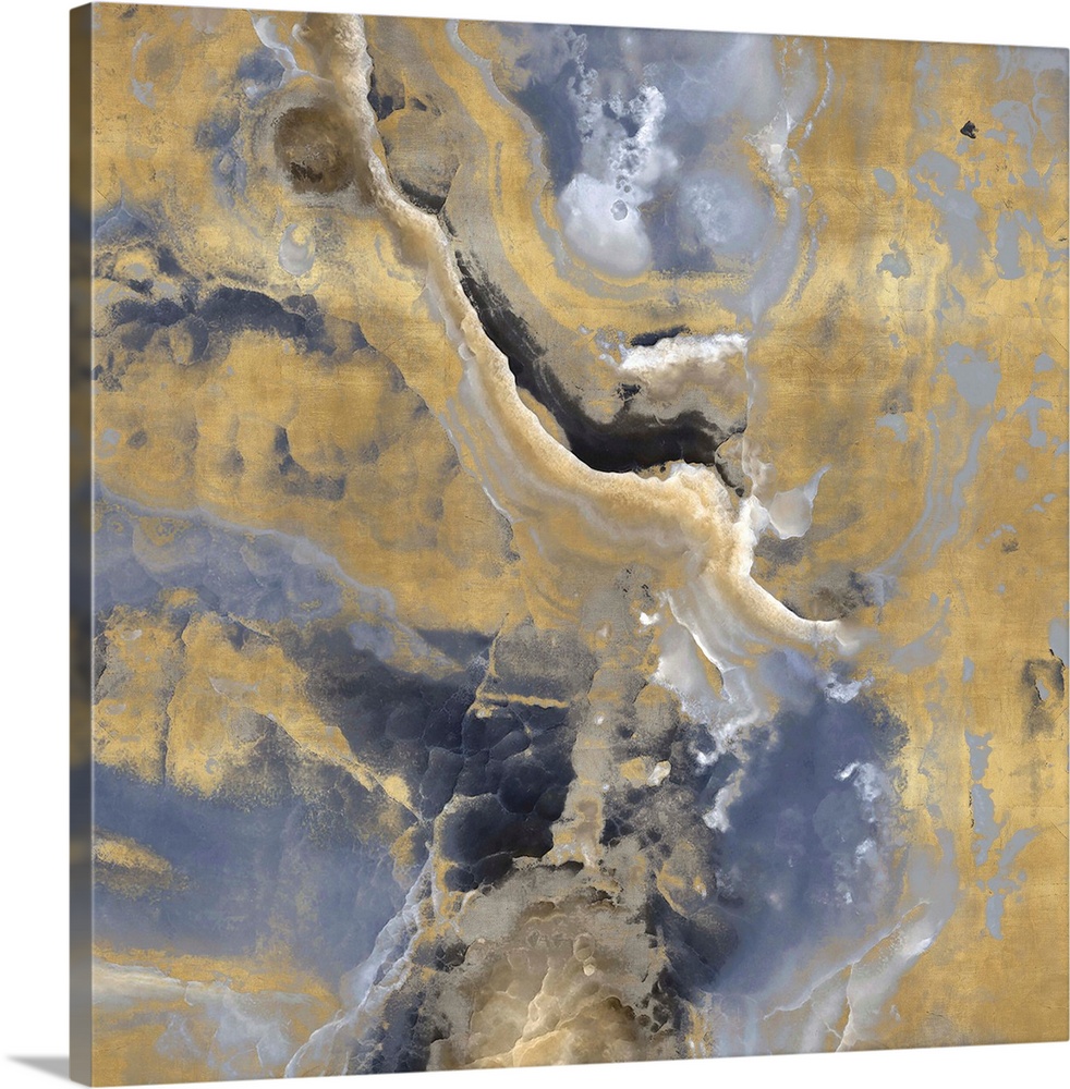 Contemporary artwork featuring a deluge of bluish grays and soft gold colors that have been edited to a marble effect.