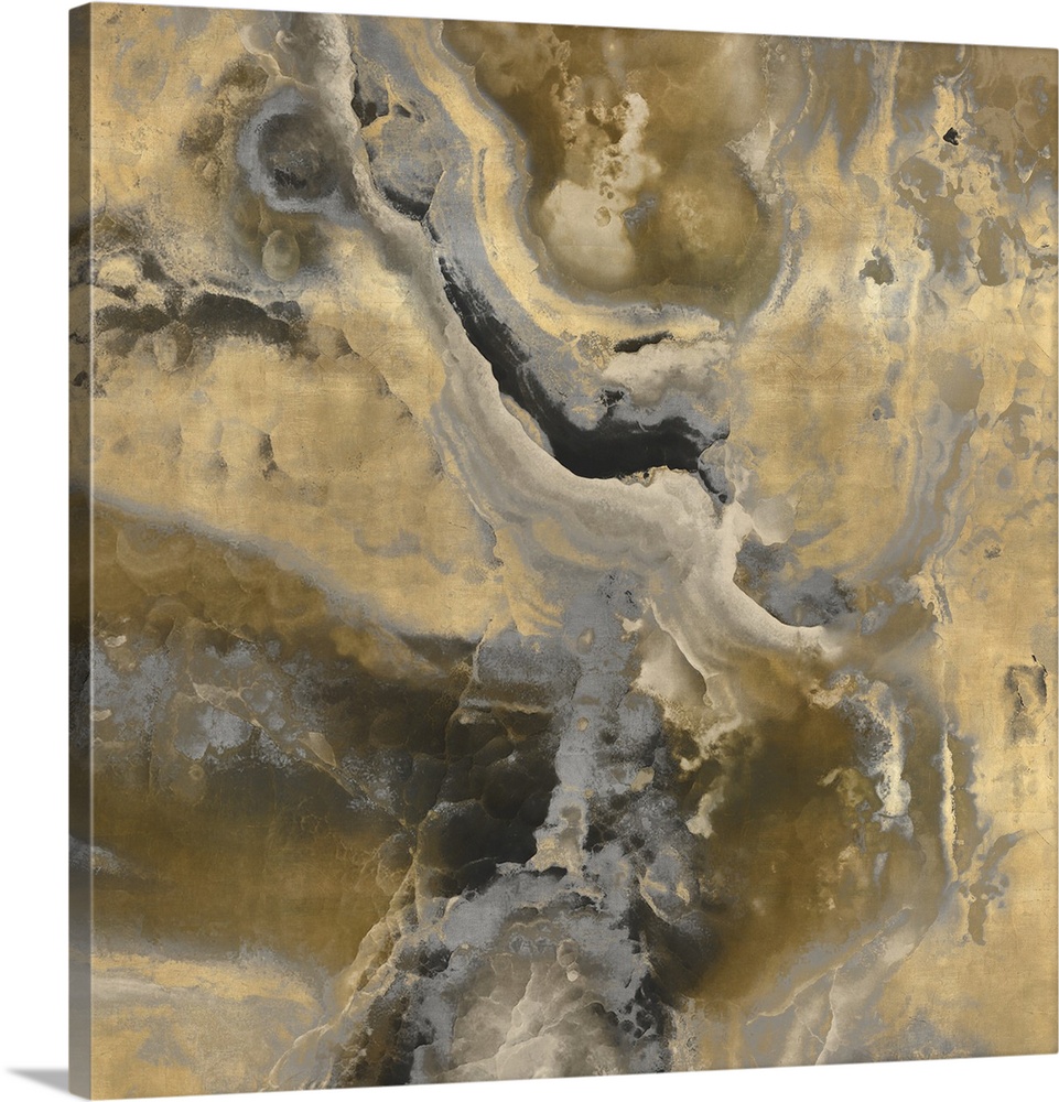 Contemporary artwork featuring a deluge of grays and gold colors that have been edited to a marble effect.