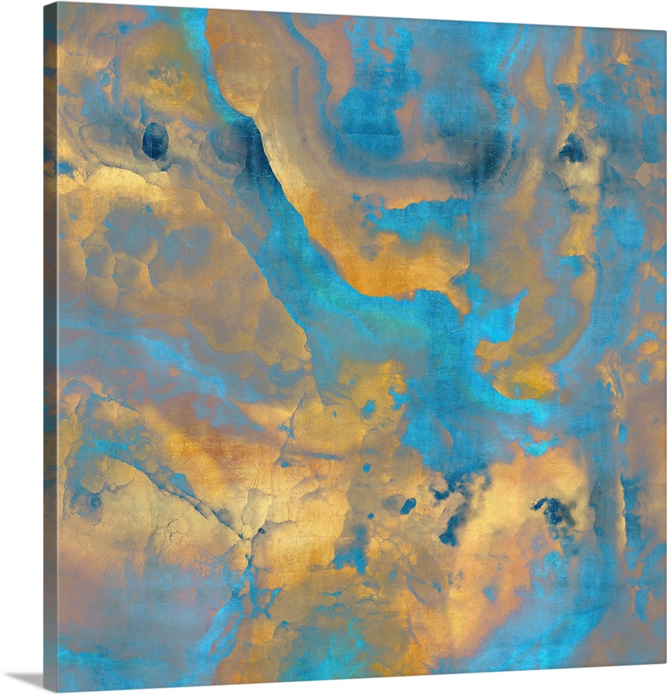 Contemporary artwork featuring a deluge of turquoise and gold color that have been edited to a marble effect.