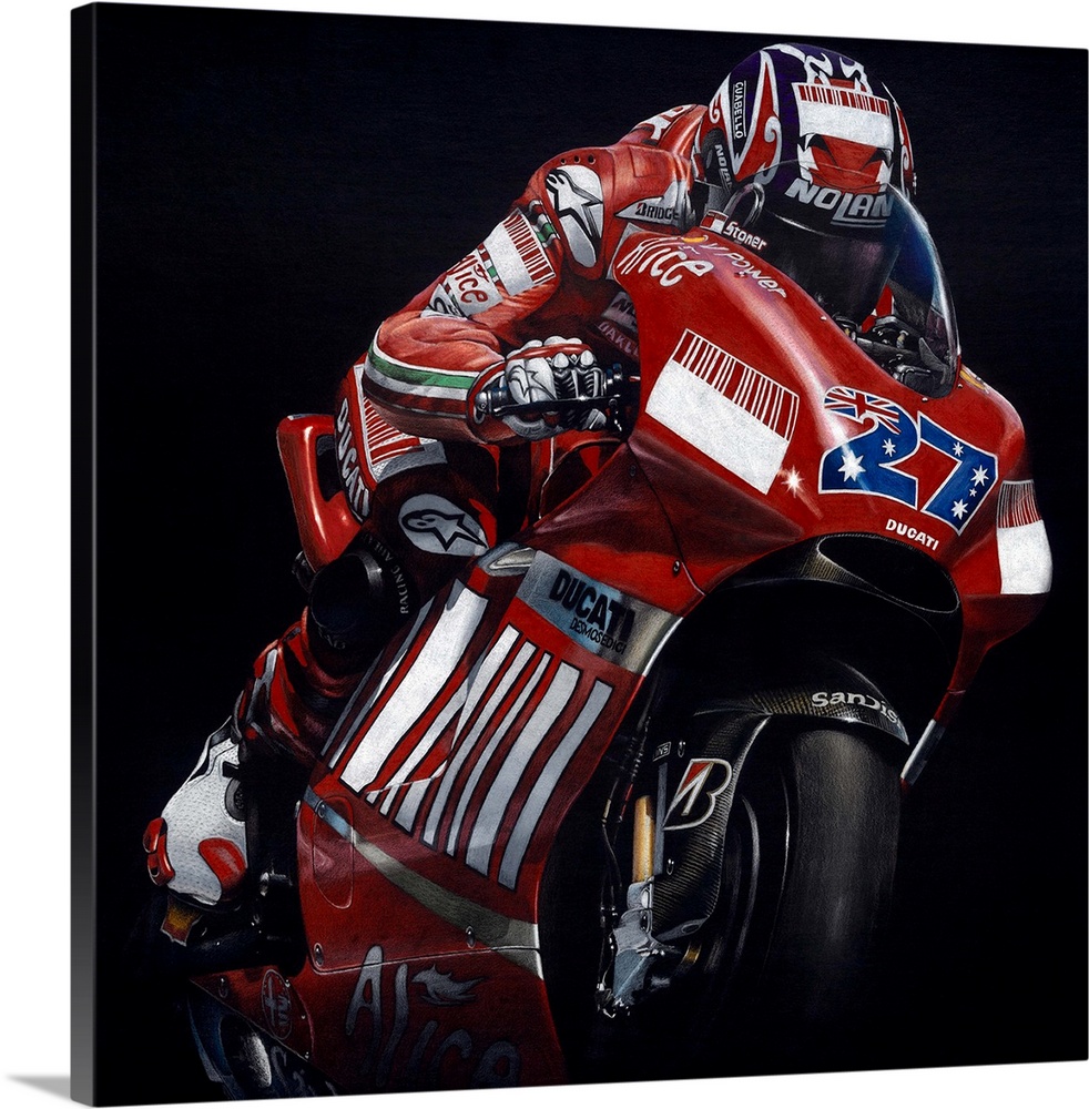 Square illustration of a red, white, and blue Ducati racing bike in action, on a black background.