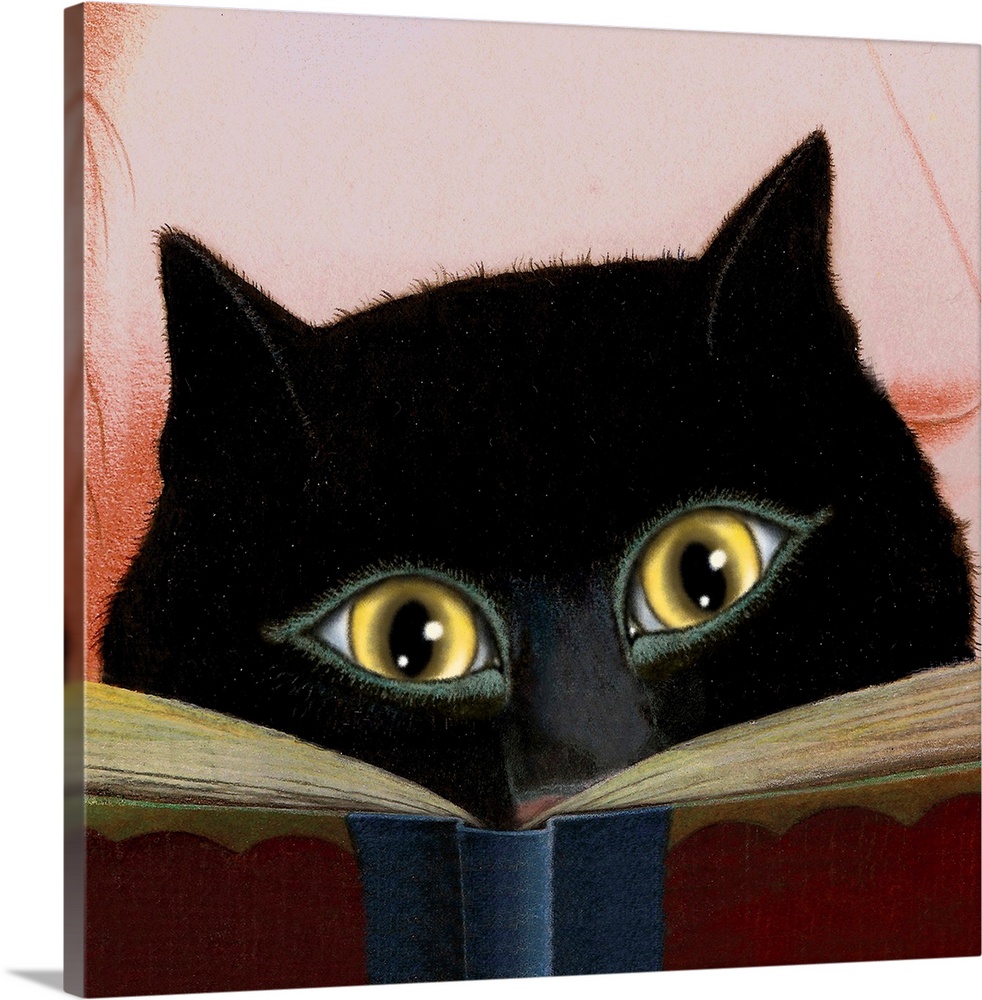 Square painting of a black cat with yellow eyes reading a book.