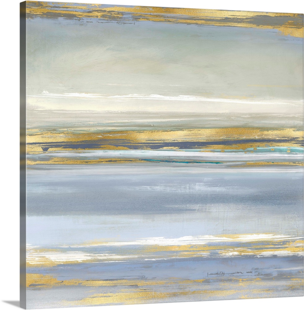 Contemporary artwork featuring gold brush strokes on a soft blue background.