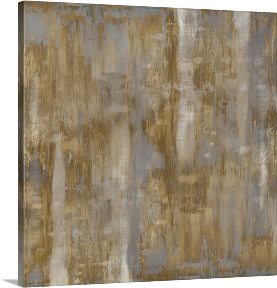 Square abstract painting with shades of metallic gold and silver streaking down the canvas.