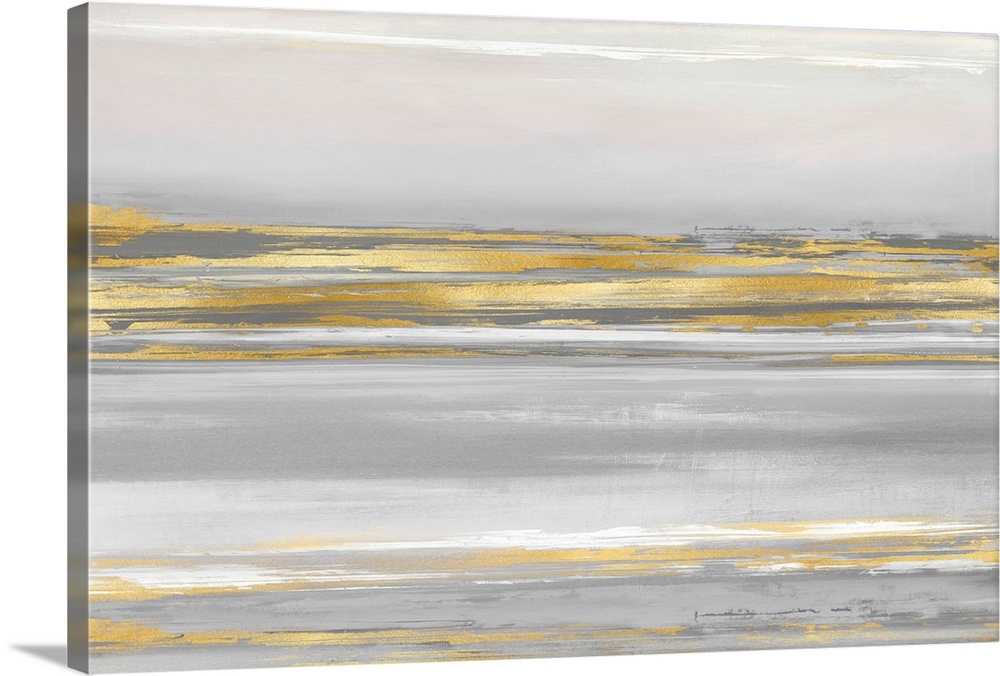Contemporary artwork featuring gold brush strokes on a soft gray background.