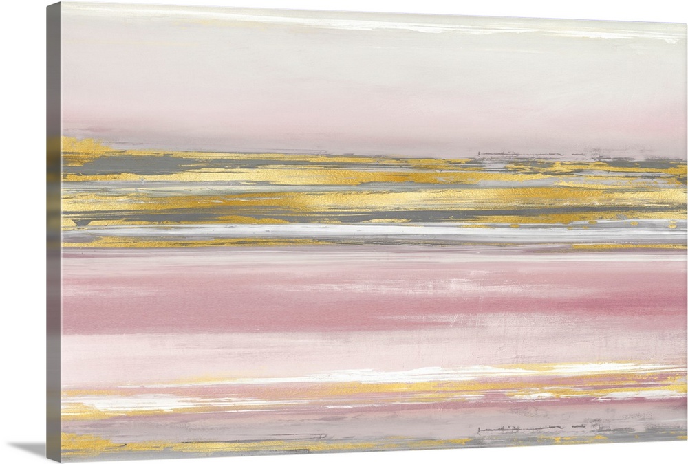Contemporary artwork featuring gold brush strokes on a soft pink background.