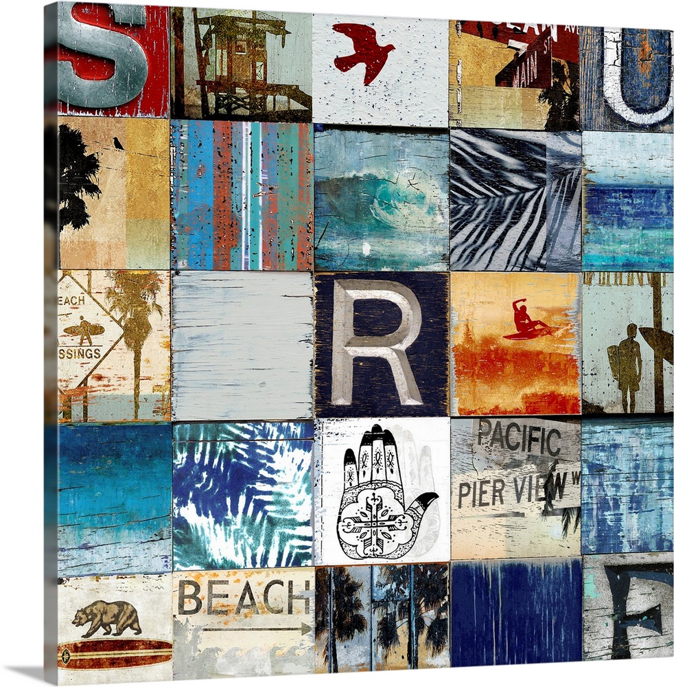 25 beach themed squares in rows  with 4 squares having a letter to spell out "Surf"