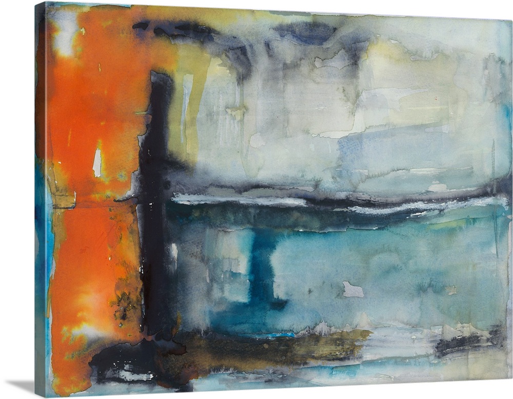 Abstract painting made with orange, yellow, gray, and shades of blue.