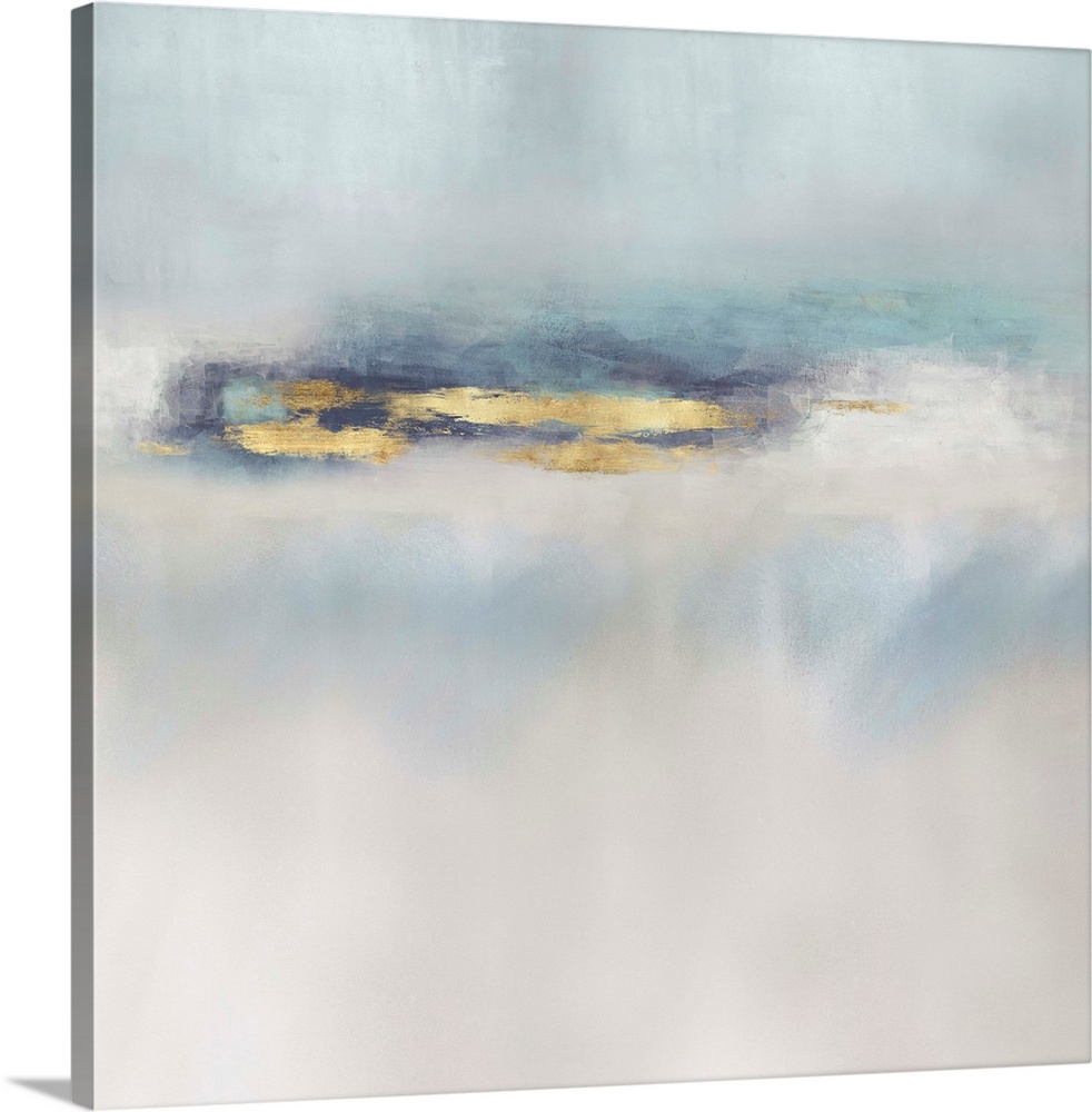 Contemporary abstract artwork in muted blue, white and purple tones with gold colored brush accents.
