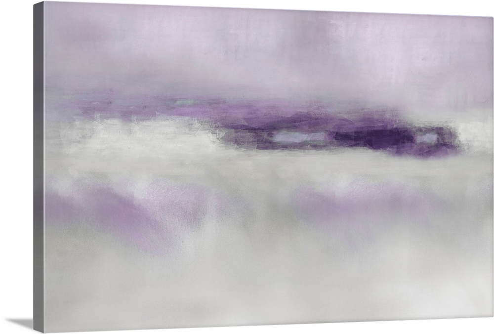 Abstract artwork of blocks of purple colors permeating over a distressed gray background.