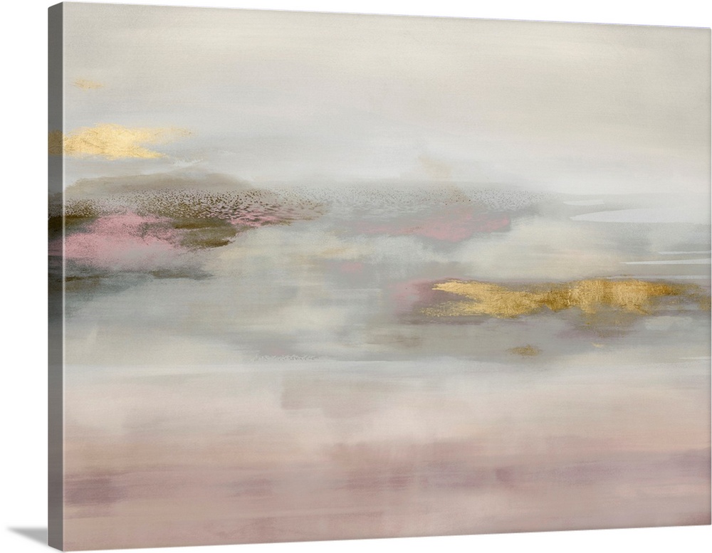 Contemporary abstract artwork in muted pink and white tones with gold colored brush accents.