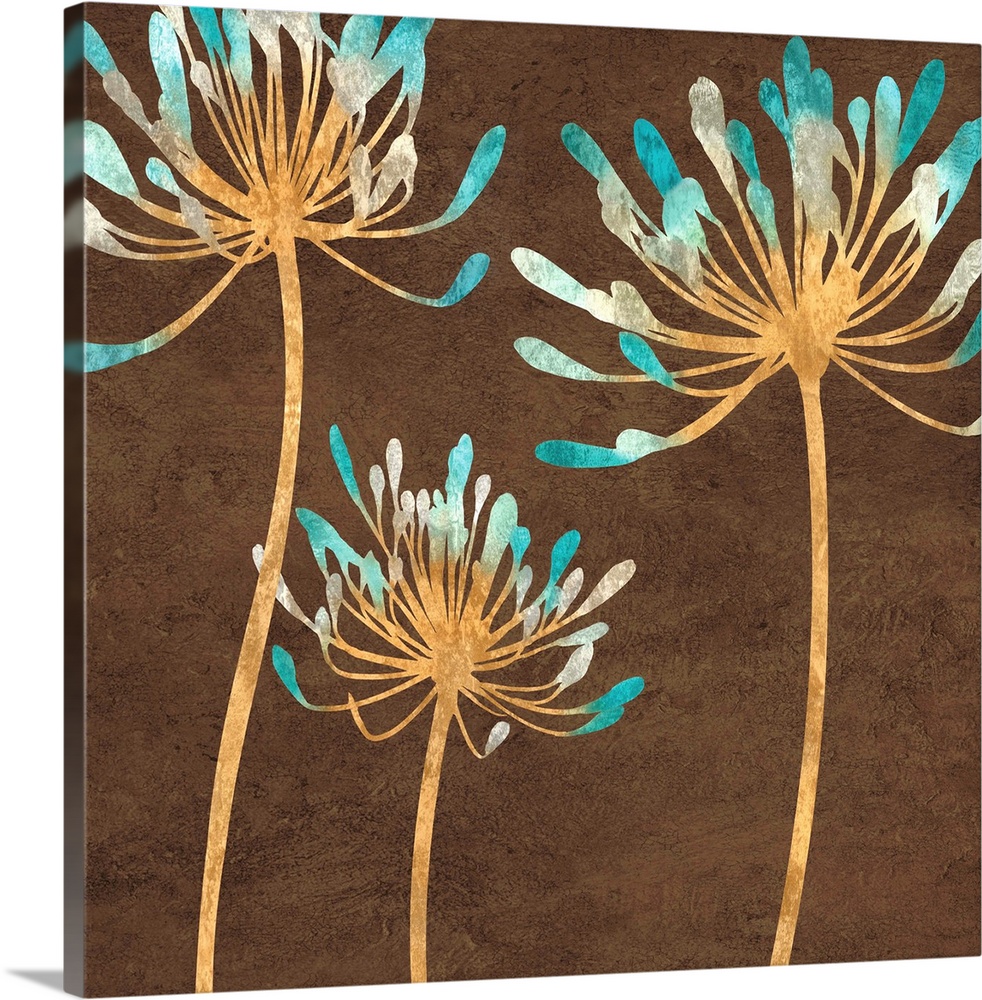 Square decor with silhouettes of teal, gray, white, and gold flowers on a brown background.