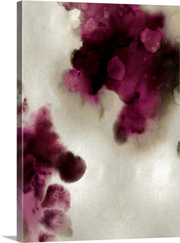 Abstract painting with burgundy and black hues splattered together on a silver background.