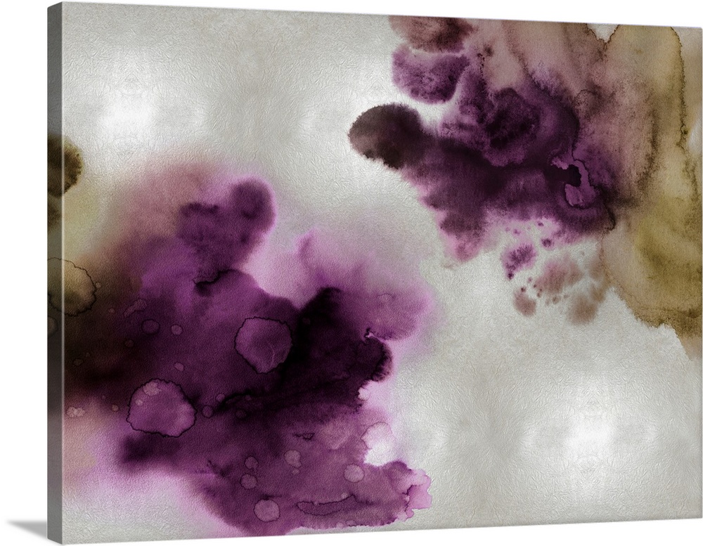 Abstract painting with deep purple and gold hues splattered together on a silver background.