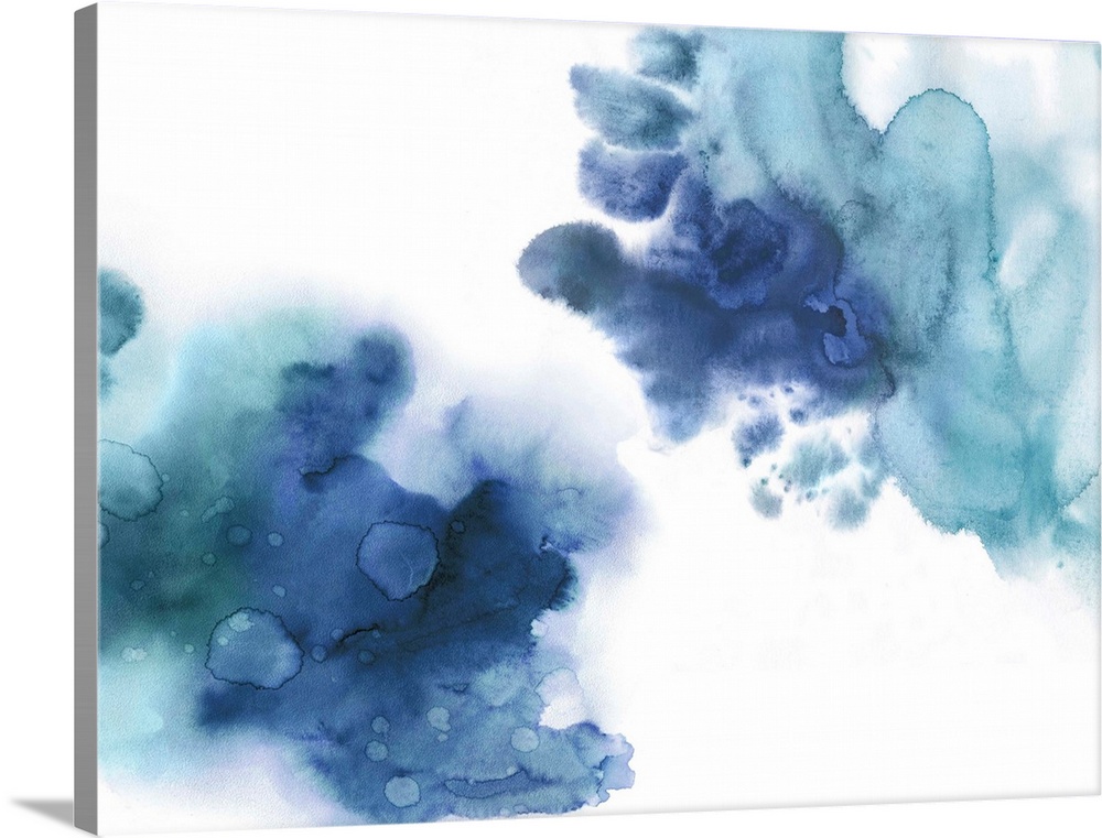 Abstract painting with shades of blue splattered together on a white background.