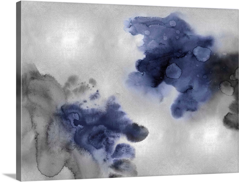 Abstract painting with indigo and black hues splattered together on a silver background.