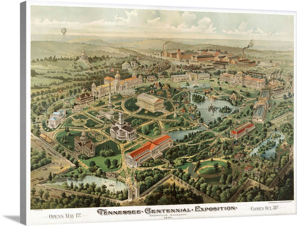 Vintage bird's eye view illustrated map of the Tennessee Centennial Exposition in Nashville from 1897.