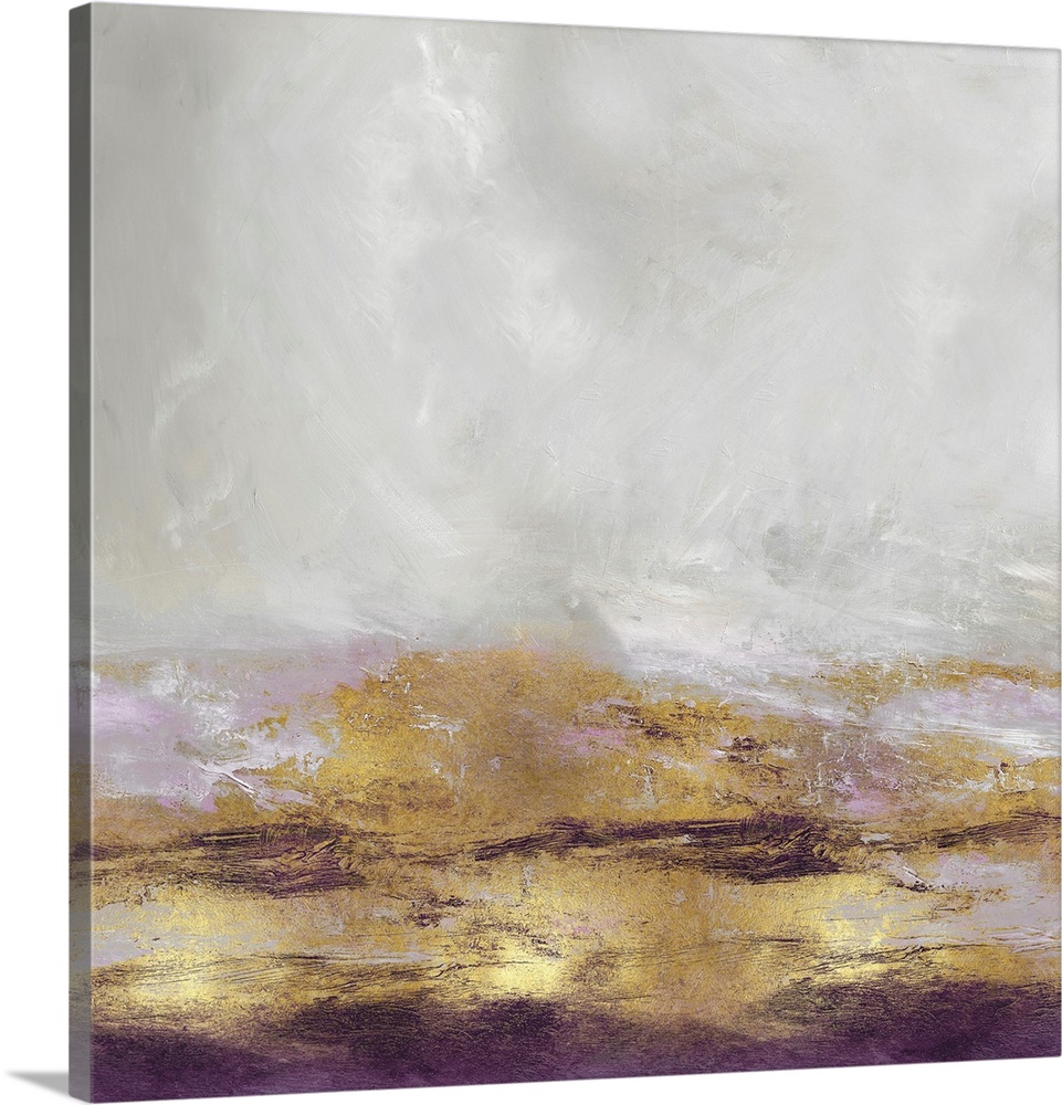 Square abstract artwork with metallic gold, silver, and amethyst purple.