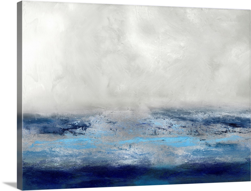 Large abstract painting created with metallic silver and shades of blue.