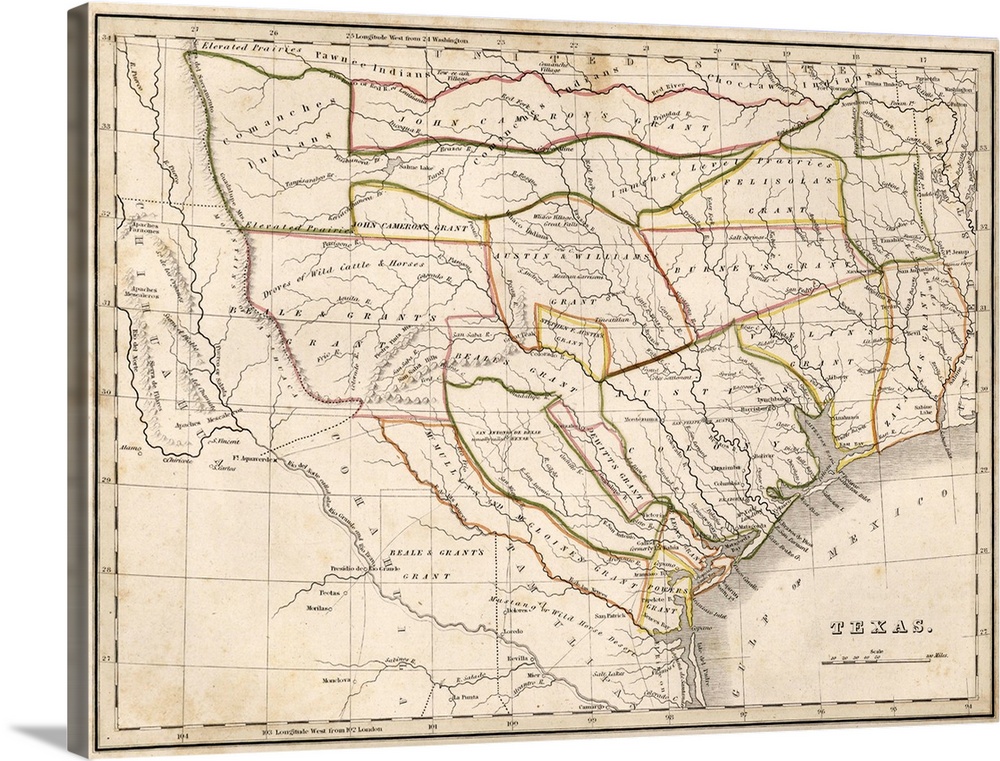 Antique historical map of Texas with highlighted boarders.