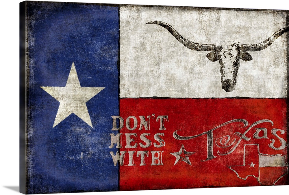 Weathered flag of Texas with illustrations of Texas themed things on top.