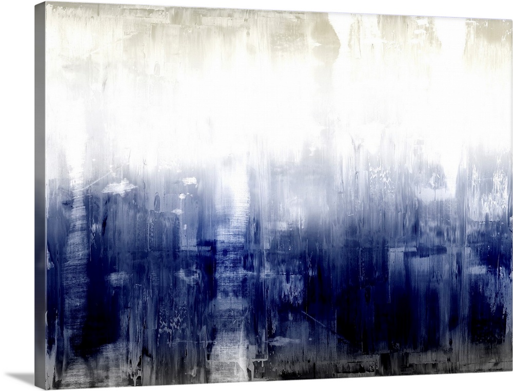 Large abstract painting with deep shades of blue and black at the bottom and lighter hues of gray and white streaking thro...