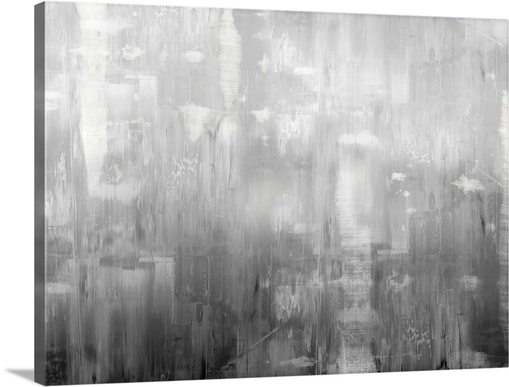 Large abstract painting with shades of gray streaking down the canvas.