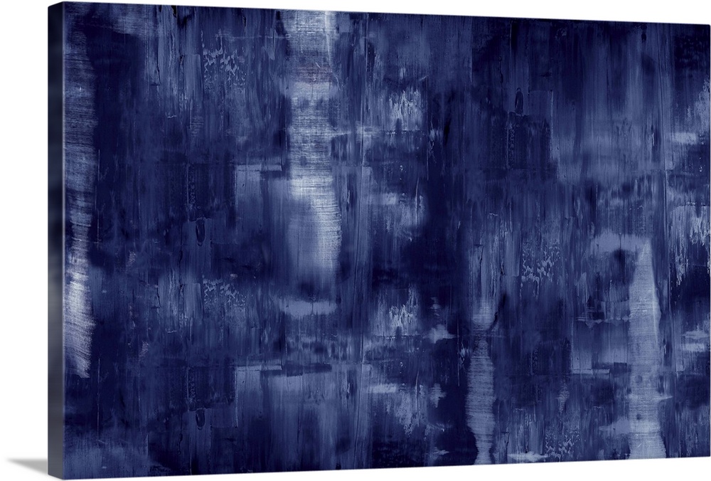 Large abstract painting created with deep indigo hues and small streaks of white.
