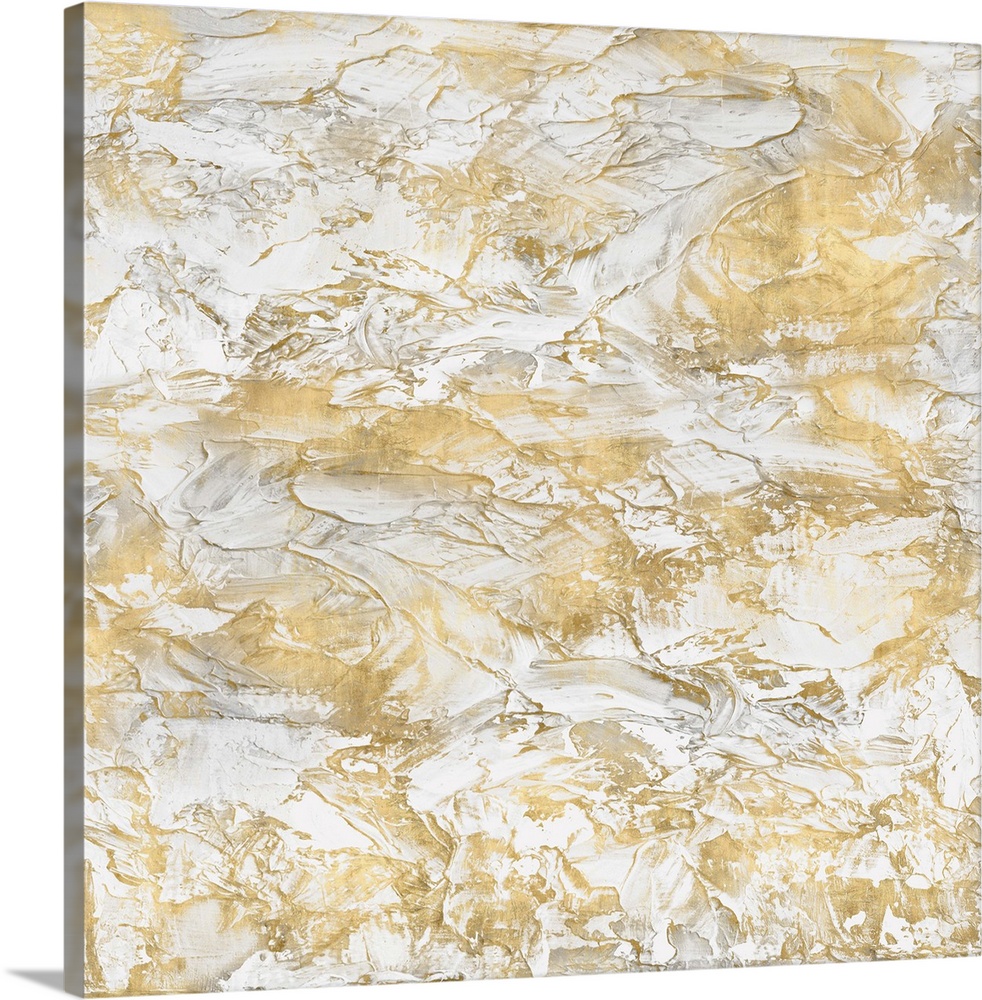 Originally painted with thick white and gold textured paint. The final item is digitally printed in shades of white and gold.