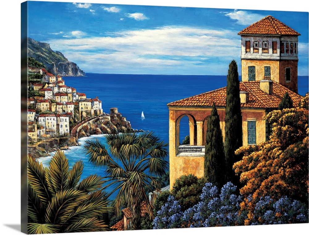 Contemporary painting with a view of the village and water on the Amalfi coast.