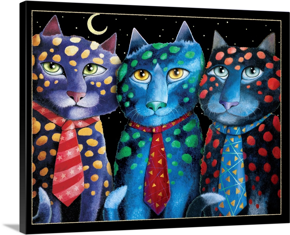 Illustration of three cats covered in polka dots and wearing fancy ties.